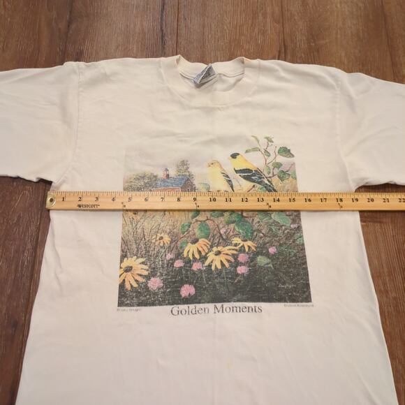 VTG Golden Moment American Goldfinch Bird Adult Medium Shirt Flowers Floral Farm - Picture 6 of 8